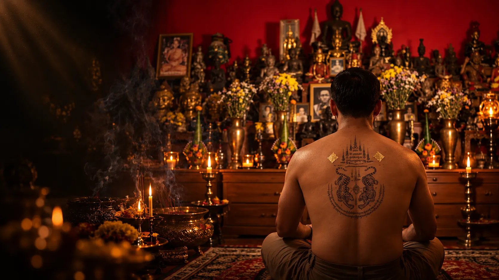 A man with a Twin Tigers Sak Yant sitting before a candle-lit shrine
